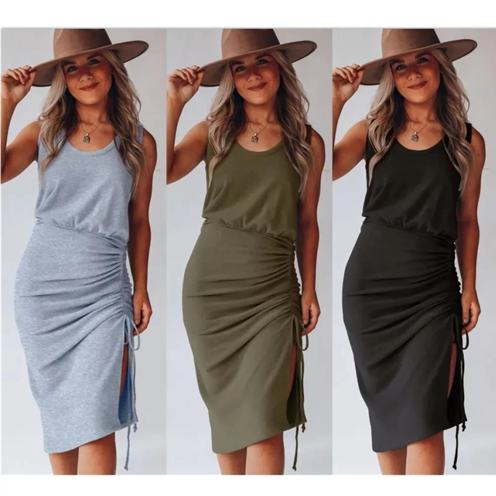 

Women Casual Solid Sleeveless Midi Dress O Neck Split Drawstring Design Workout Beach Grey Summer Dress Holiday Black Dresses