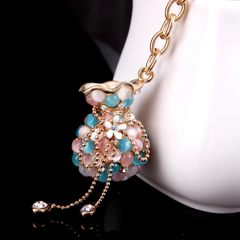 

Chinese Lucky Purse Opal Crystal Keychain Women Cat's Eye Blessing Bag Trinket Wallet Keyring Car Jewelry Valentine's Day Gift