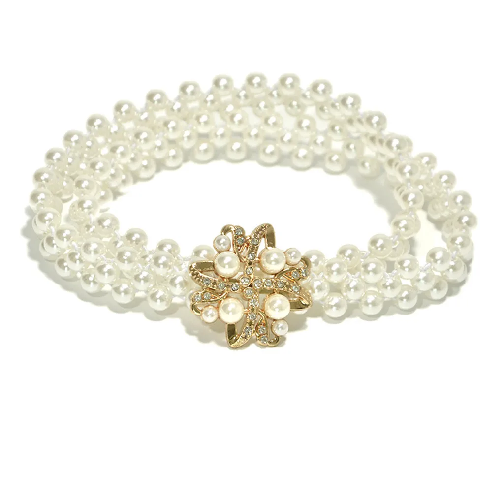 Элегантный женский пояс с жемчугом Стразы цветочной эластичной пряжкой цепочка