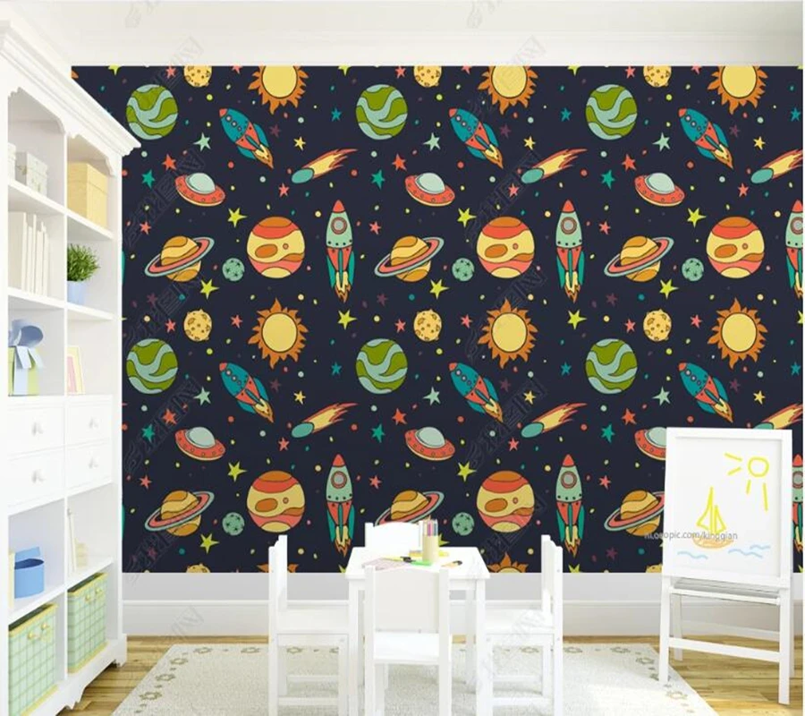 Papel de parede Фэнтези мультфильм космический планета корабль 3d обои роспись спальни