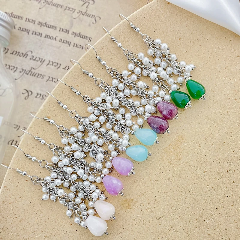 

Fashion Bouquet Natural Stone Earrings for women Aquamarine Agate Imitation Pearl Dangle Earring Stainless Steel Korean Jewelry