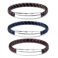 chanfar genuine leather bracelet for men blue brown braided rope bracelets for male stainless steel hidden safety clasp bangles