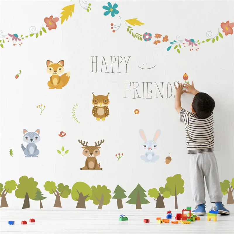 

Make Friends With Lovely Animal Wall Sticker For Kindergarten Kids Room Home Decoration Cartoon Rabbit Fox Owl Mural Art Decals