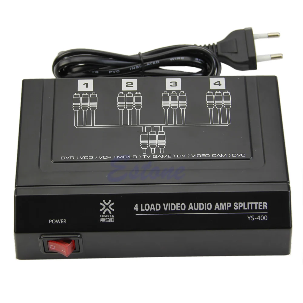 

4 Way 1 In 4 Out 3 RCA Video Audio AMP Amplifier Splitter HDTV DVD VCD 4 Ports
