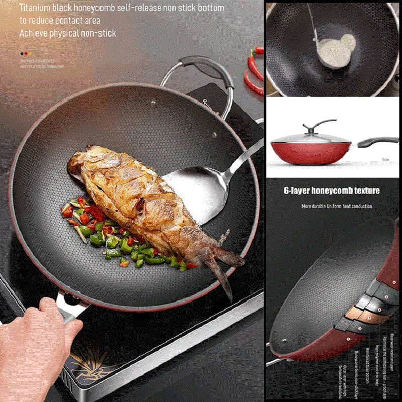 

Non-stick Frying Pan Cauldron Cast iron Wok Full Screen Honeycomb Design No Lampblack No Coating Frying Pan Pots for kitchen