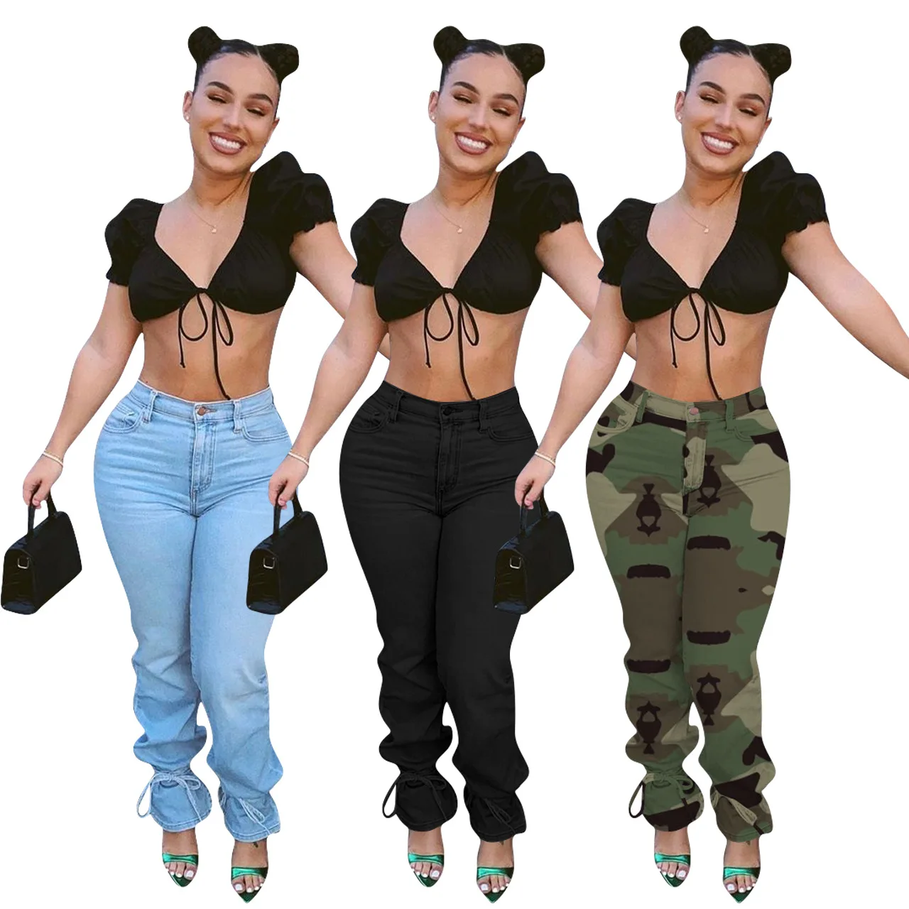 

New 3 Color Blue Black Camo Print Long Pants Jeans Denim Pencil Pants Lace Up High Waist Trousers Vintage Streetwear 2021