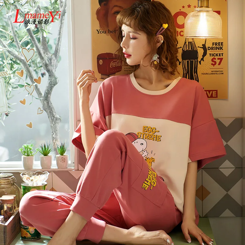

NEW Pajama Set Women Sleepwear Plus Size Lungewear Summer Shorts Cotton Nightwear Capris Set Soft Cotton Women's Pyjamas