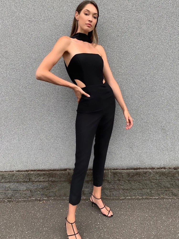 

PB New Chic Elegant Halter Sexy Wasit Hollow Out Design Backless Sleeveless Celebrity Women Bandage Jumpsuit