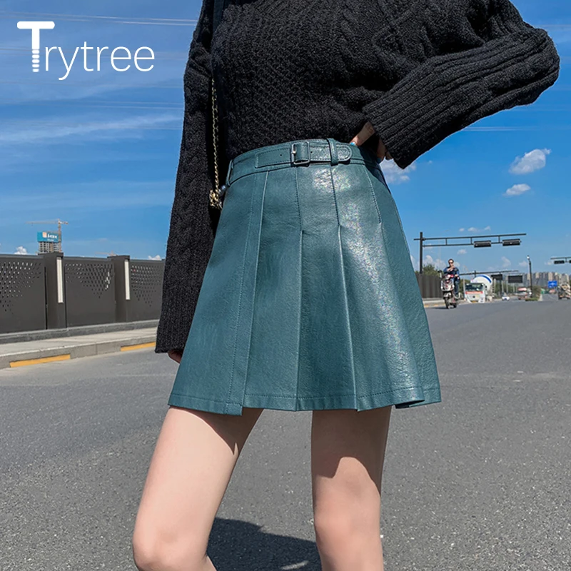 

Trytree 2020 AW Women Casual Woman PU Skirt Shorts Solid 4 Colors High Waist Belt Asymmetry Pleated Fashion A-line Skirt Shorts