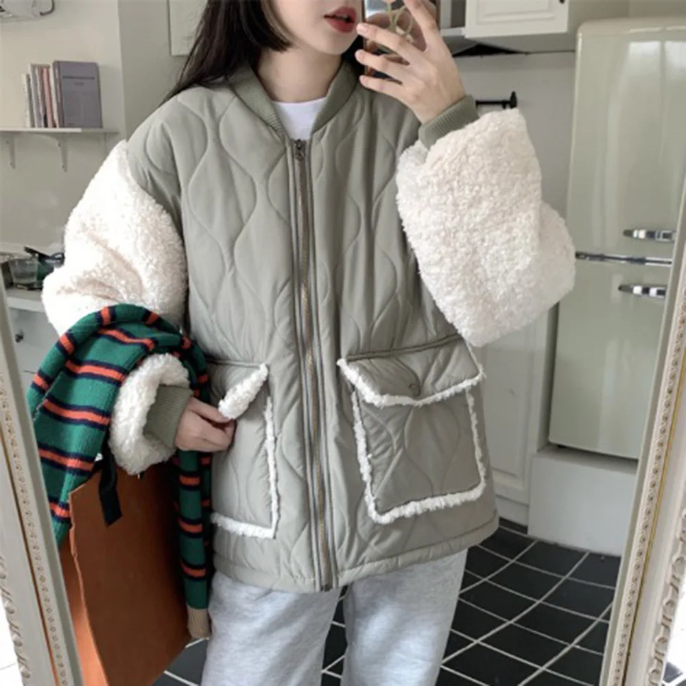 

2021 Winter New Female Korean Casual Fashion Lamb Hair Stitching College Wind Cotton Jacket Quilted Thick Coat