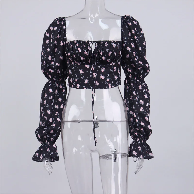 

2021 Summer Blouse New Women's Sexy Fashion Floral Trumpet Long Sleeve Lace Up Pleated Navel Revealing Short Top Shirt Blouses