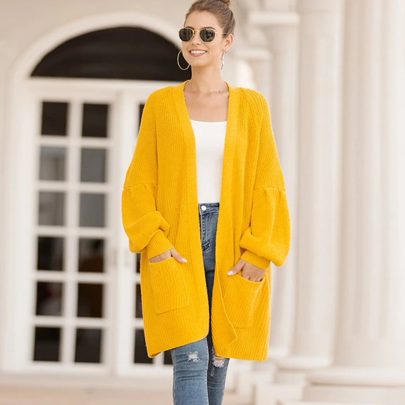 

Oversized Spring Autumn New Cardigan Sweater Lantern Sleeve Loose Plus Size Coat Tops for Women Yellow Black Beige