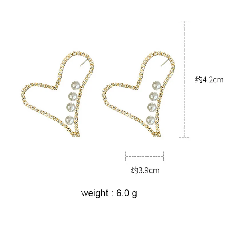 

USTAR Cute Big heart Pearl Crystal Stud Earrings For women Shiny Rhinestone gold silver color Earring Party Fashion Jewelry New