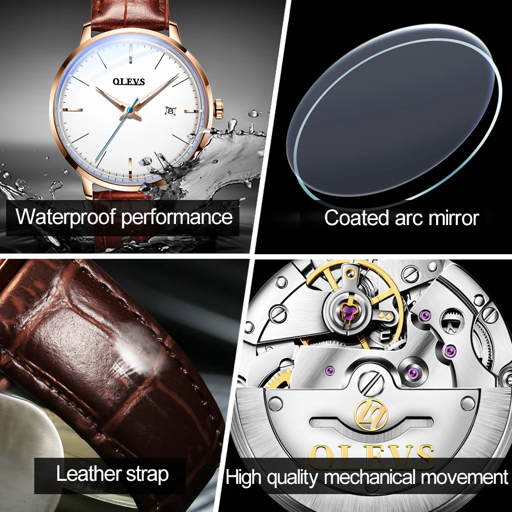 

video! OLEVS Formal and elegant charm cowhide bracelet casual Fashion Men's gift mechanical watches