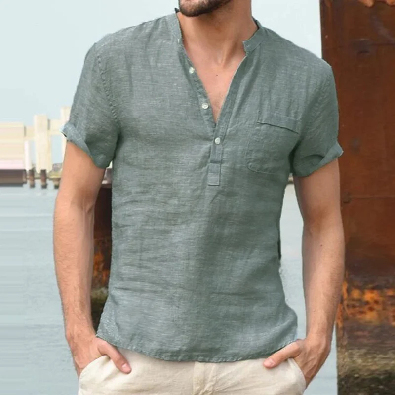 

2021 Summer Vintage Linen Cotton Shirts For Men Casual Short Sleeve pullover Tops Mens Fashion Stand Collar Button Pocket Shirts