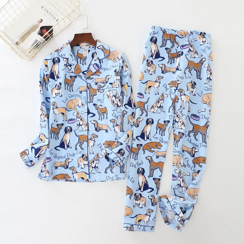 

New Spring Women's Pajamas Dog Print Brushed Cotton Pijama 2 Pieces Set Long Sleeve Elastic Waist Pants Lounge Nightwear Pyjamas