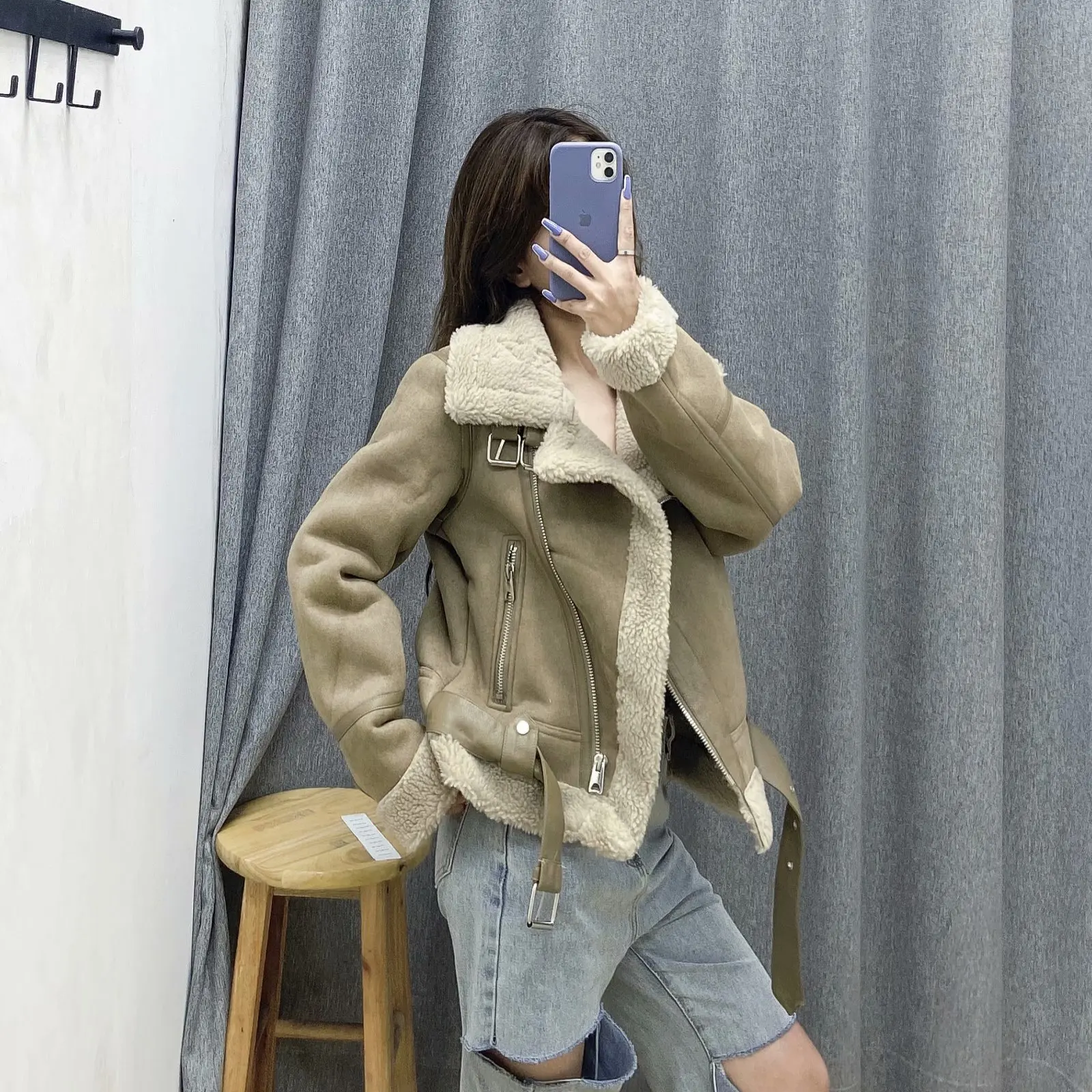 

FNOCE 2020 winter new women's plus velvet suede coats high street fashion trends long sleeve fur collar thickened warm slim coat