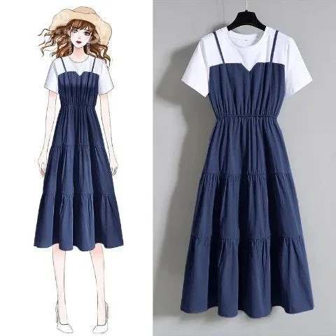 

Plus size women's fashion 2020 summer waist slimming short-sleeved stitching dress women