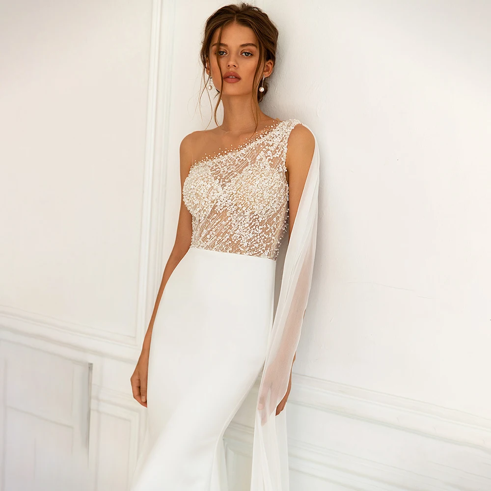 

UETEEY Sexy One Shoulder Mermaid Wedding Dress Stain Zipper Back Lace Appliques Sweep Train 2021 Bride Gowns Vestido De Noiva