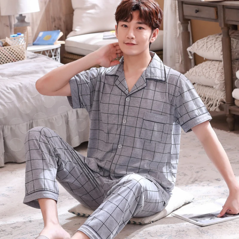 Полосатые хлопковые Для мужчин с длинным рукавом пижамный комплект весна