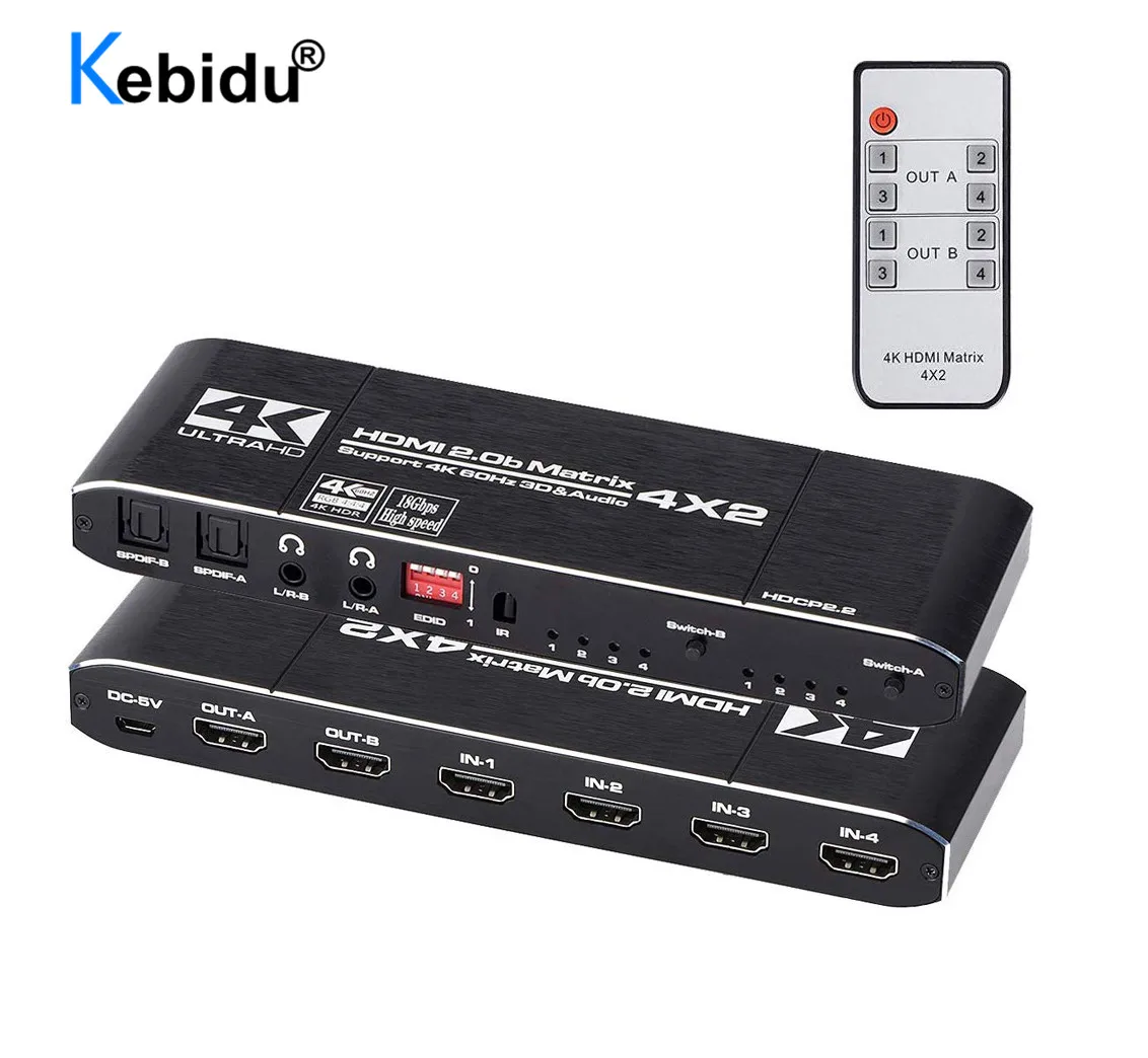 

Матричный коммутатор 4x2, 4K @ 60 Гц, HDR HDMI-совместимый коммутатор, разветвитель 4 в 2 выхода YUV 444, оптический SPDIF + аудиовывод с разъемом 3,5 мм