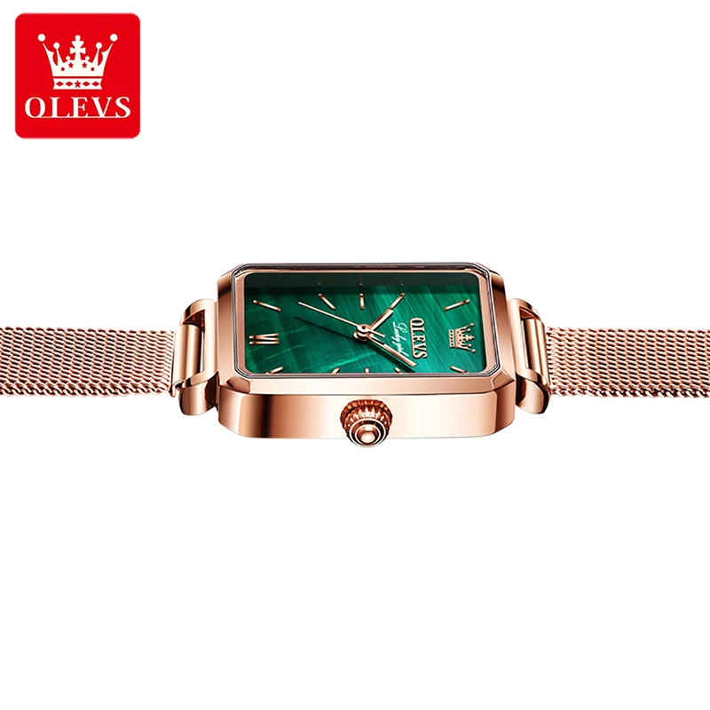 OLEVS Women Watch Fashion Square Women Quartz Watch Green Dial Simple Rose Gold Mesh Strap Luxury Womens Watches Waterproof 6624