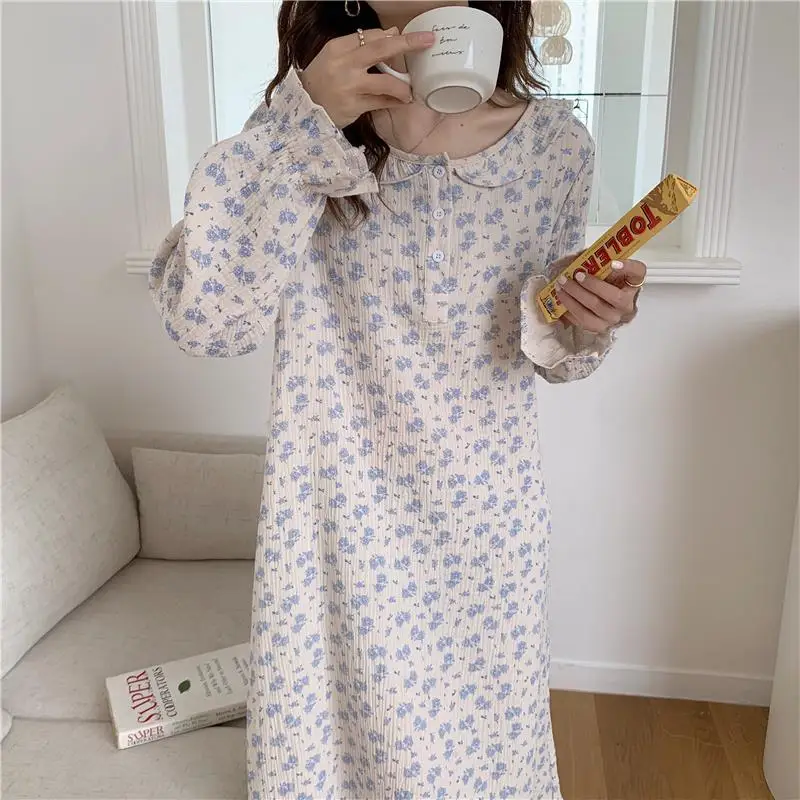 QWEEK Cotton Sleepwear Women Chinese Style Nightie Floral Print Long Nightgrown Autumn White Fairy Dress Nightwear Dressing Gown