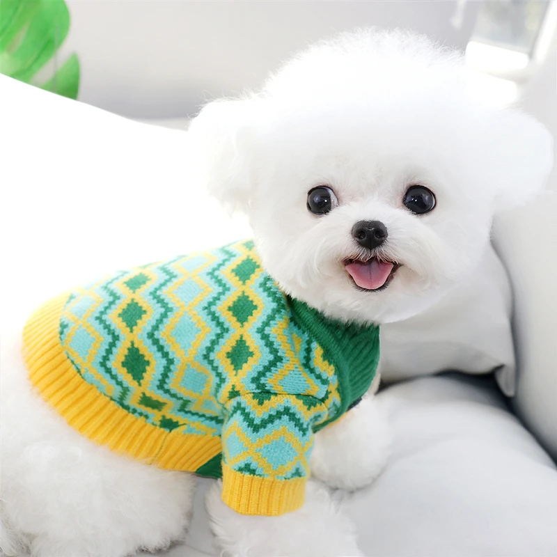 Green Plaid Dog Clothes Open Button Pet Knitted Sweater Teddy Kitty Warm Winter Clothes Bichon Pullover Puppy Unique Gift