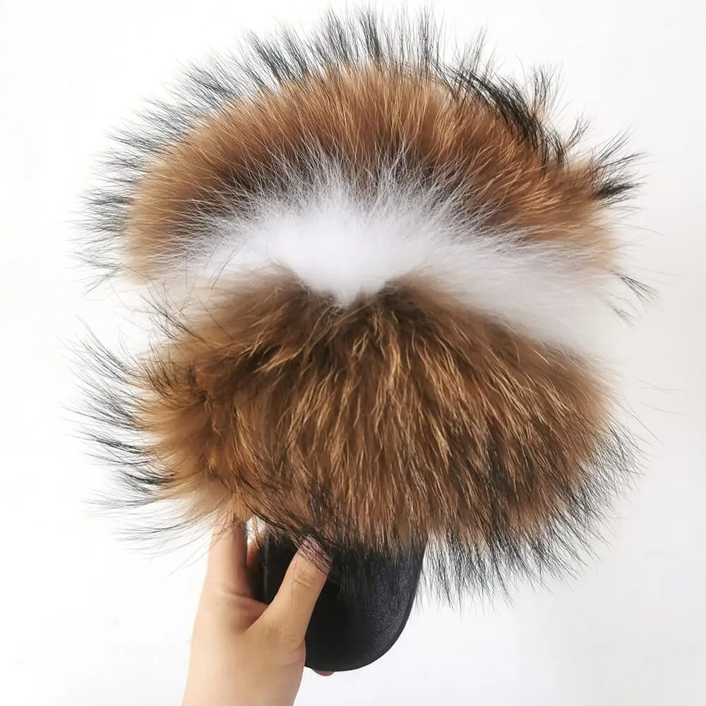 

Custom Extra Raccoon Fur Slides Summer Fox Hair Slipper Sandals Women Fluffy House Indoor Outdoor Furry Slippers Real Racoon