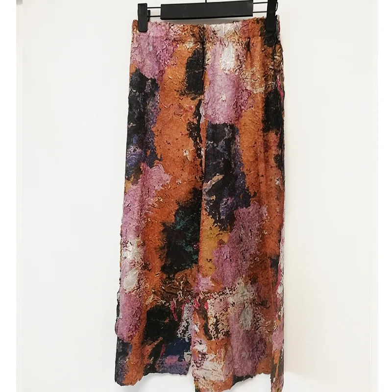 

Wide-Leg Pants Women's 2020 Summer Oil Painting Printed Loose Elastic Miyake Pleated Large Size Casual Trousers Ankle Length
