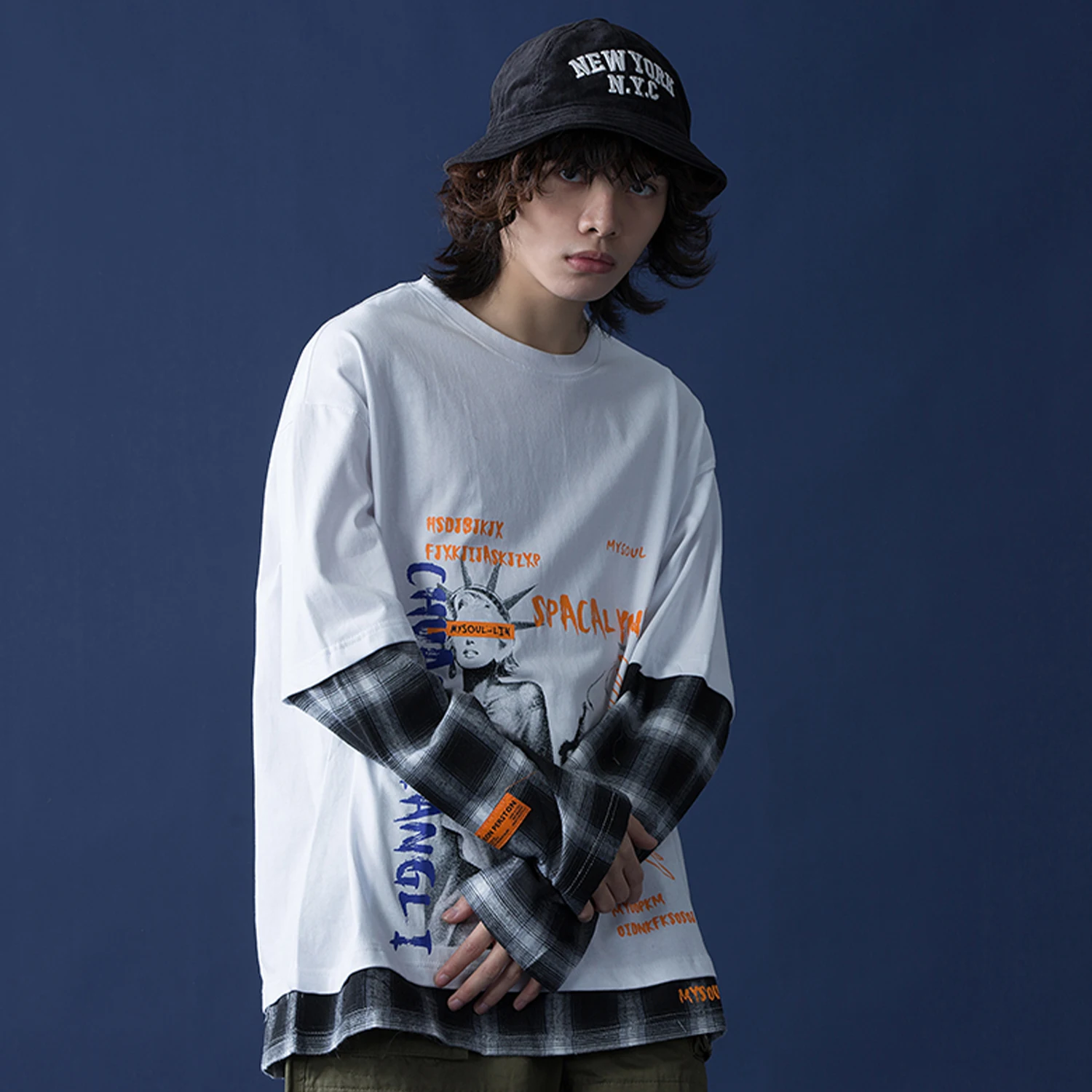 Модный клетчатый свитшот в стиле пэчворк с принтом богини свободы Свитшот хип