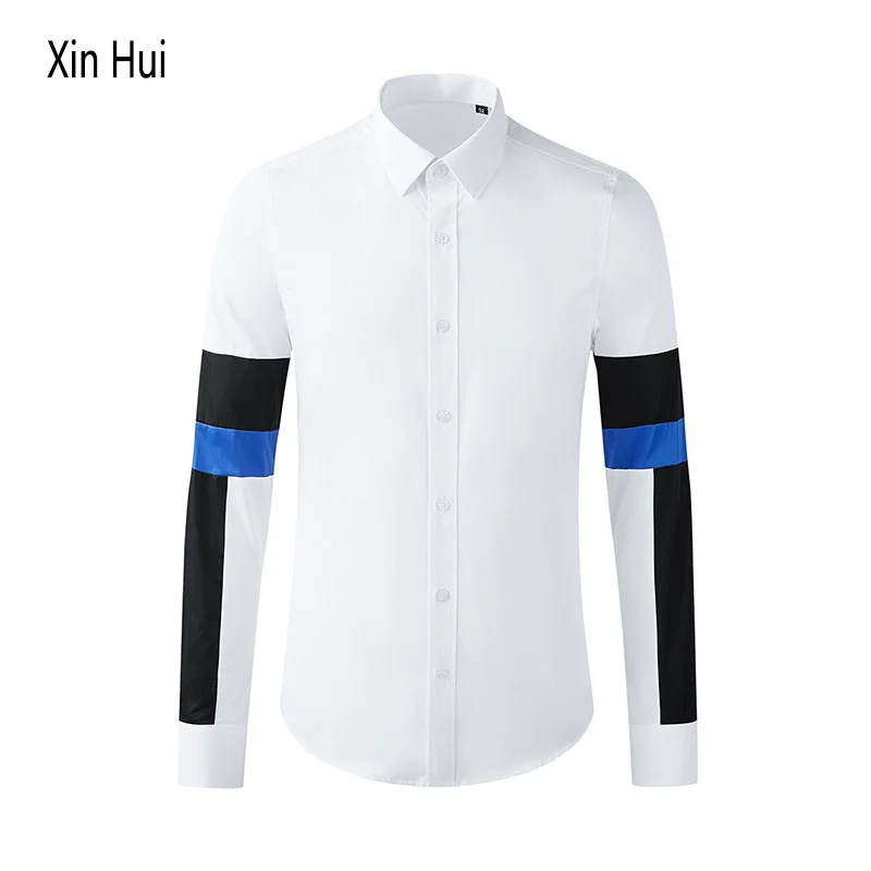 

New Men's clothing new men's blue and white arm stitching noble casual men's long-sleeved shirt fashion male shirt high quality