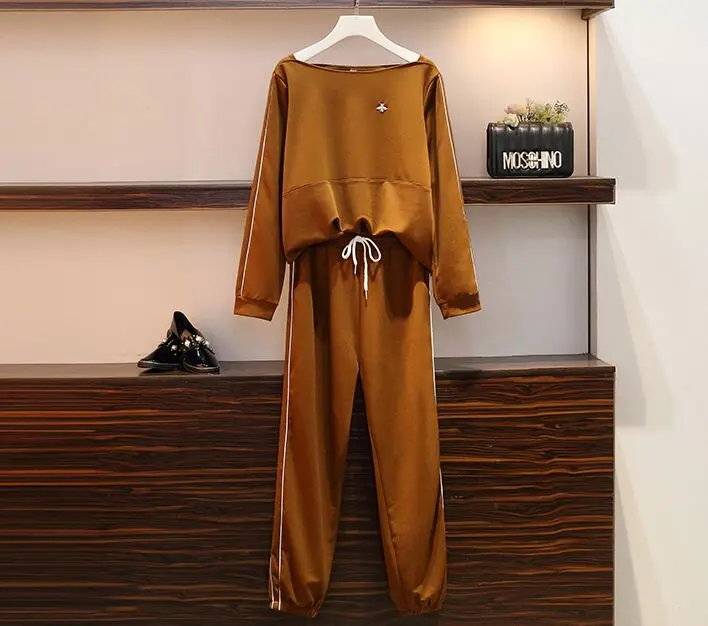 Plus Size 5XL Long Sleeve Slash Neck Jumper Sweatshirts Tops+Elastic High Waist Pants New Autumn Winter Women Fashion 2PCS Sets | Женская