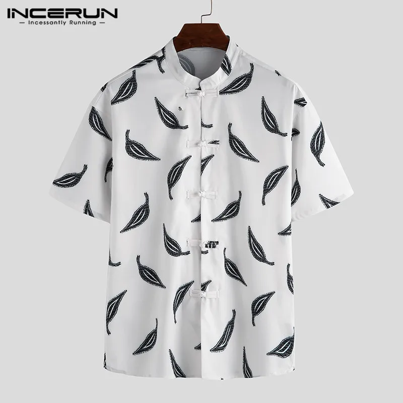 

INCERUN Vintage Shirt Men Printed Stand Collar Button Summer Casual Tops Men Clothing Short Sleeve Street Camisas Hombre 2021