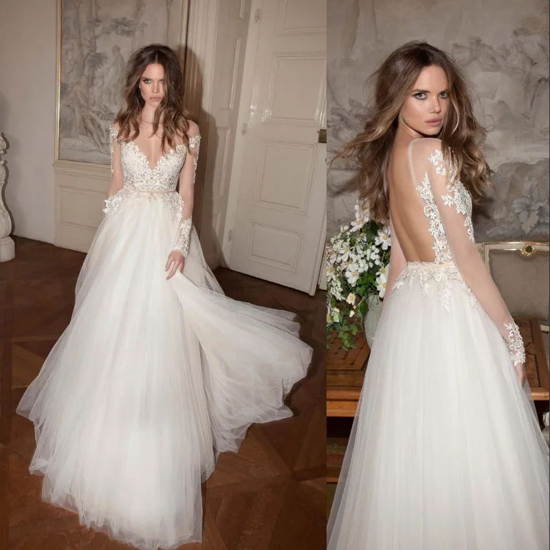 Свадебное платье с открытой спиной 2019 свадебное длинными рукавами Пляжное бохо