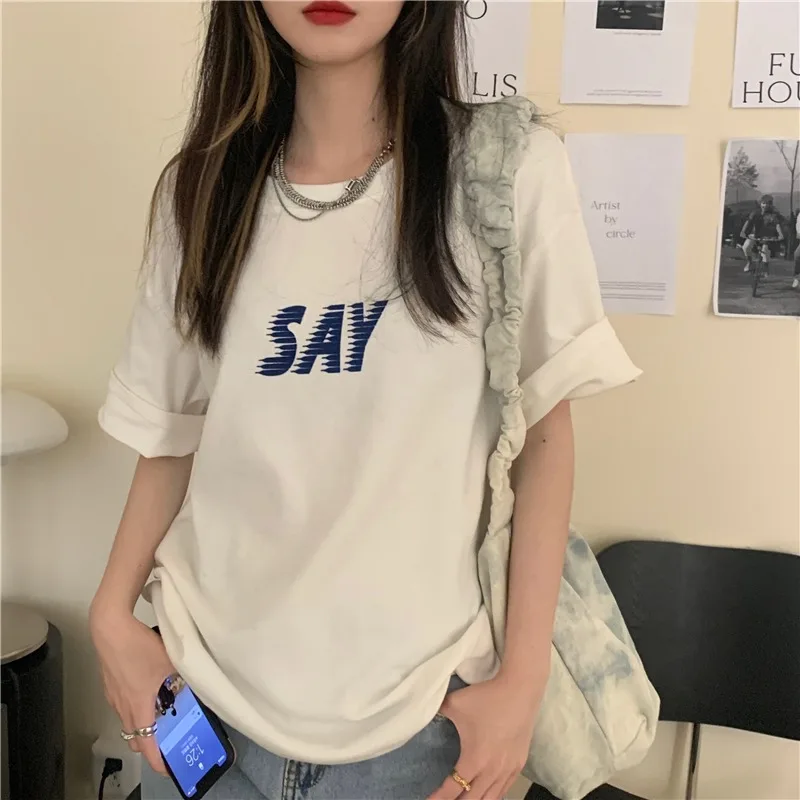 4 Sizes Causal M-2xl All Match Letter Say Printed Korean Style Fashion Simple Preppy Style Short Sleeve Women Top T-shirts