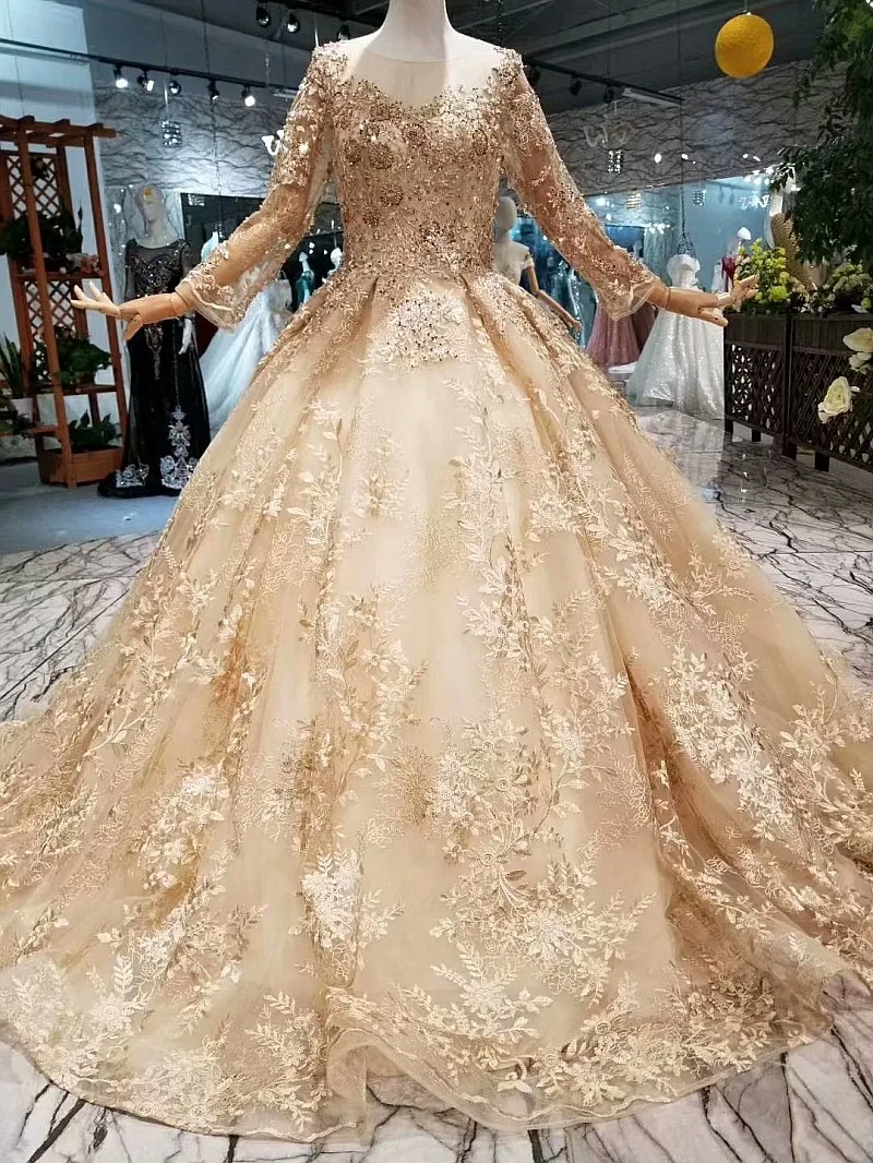LS147944 Роскошные Дубай женские платья для особых случаев круглый вырез с длинным рукавом бальное платье блестящее Золотое кружево мусульманские Вечерние платья со шлейфом