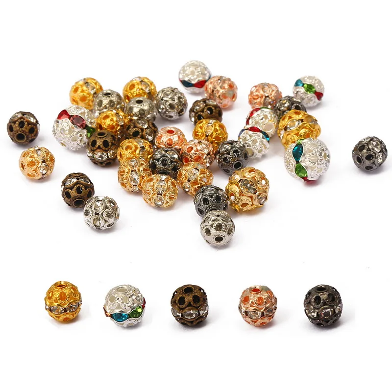 

20Pcs 6mm 8mm Metal Plated Crystal Rhinestone Round Ball Spacer Loose Beads For Jewelry Making DIY Bracelet Necklace