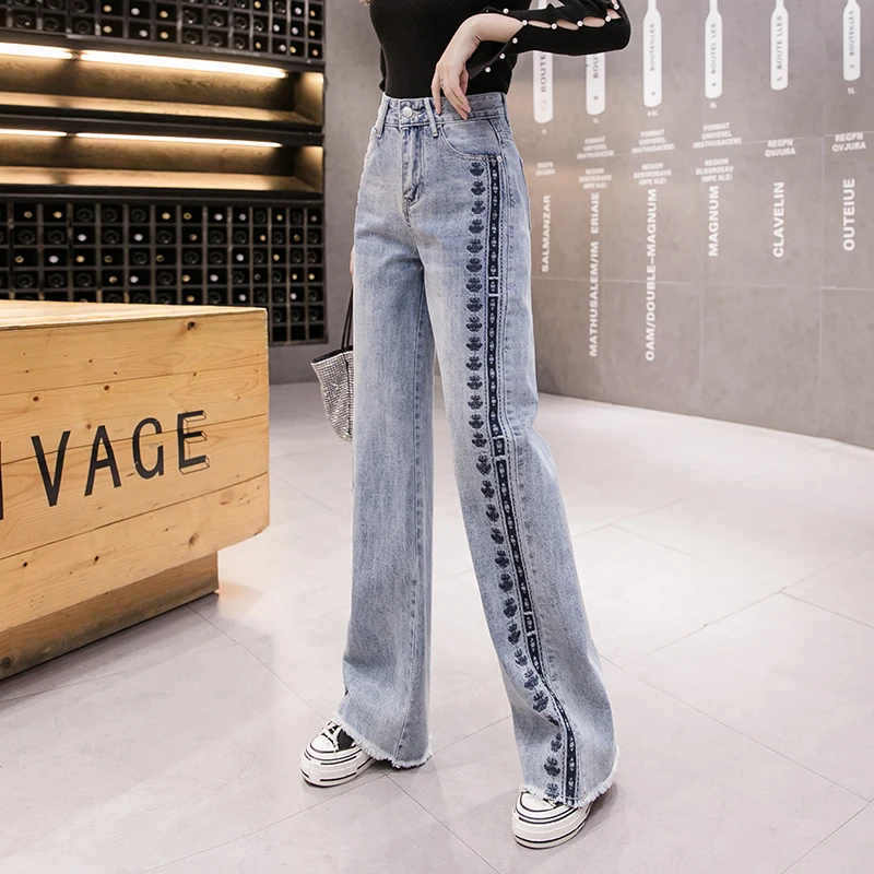 

spring 2021 new loose straight wide leg embroidery jeans women Korean version high waist slimming casual wide-leg pants
