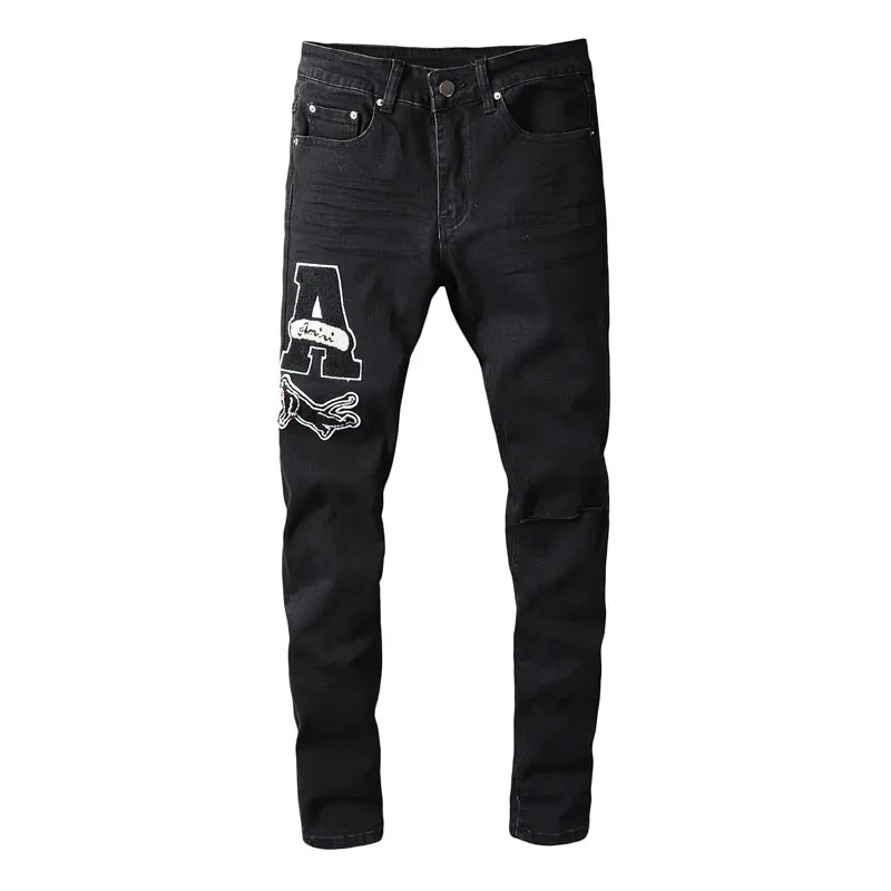 American Street Style Fashion Men Jeans Elastic Cotton Slim Ripped Jeans Men Embroidery Patch Designer Hip Hop Denim Punk Pants