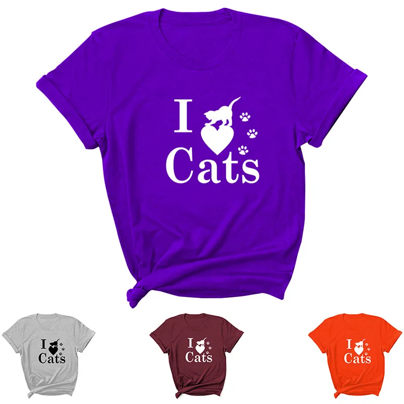 

I Love Cats Letter Print Women T Shirt Short Sleeve O Neck Loose Women Tshirt Ladies Tee Shirt Tops Clothes Camisetas Mujer