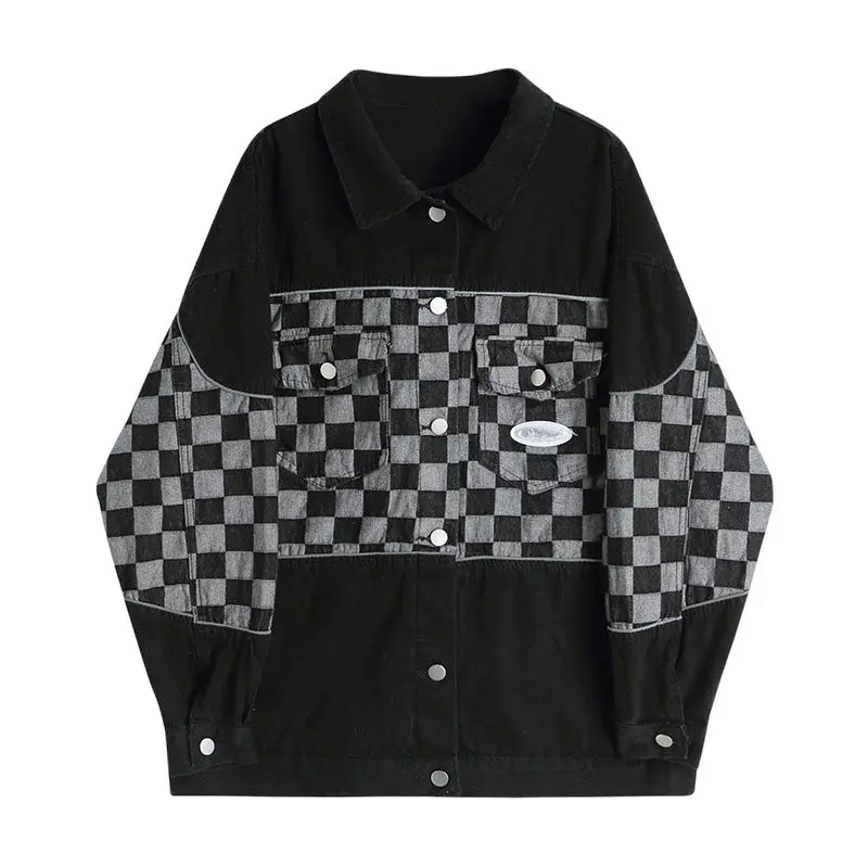 

Patchwork Plaid Women Jean Jacket Fashion Vintage Casual Denim Jackets Female Plus Size Loose Harajuku Coat Streetwear Outwear