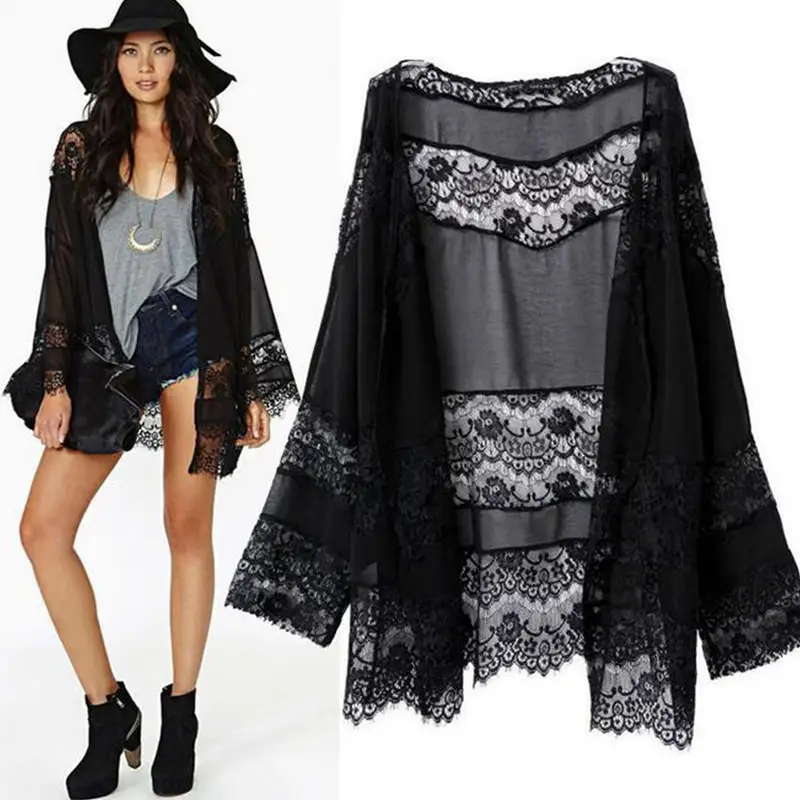 Женская Пляжная накидка Черная кружевная вязаная крючком кардиган с длинным