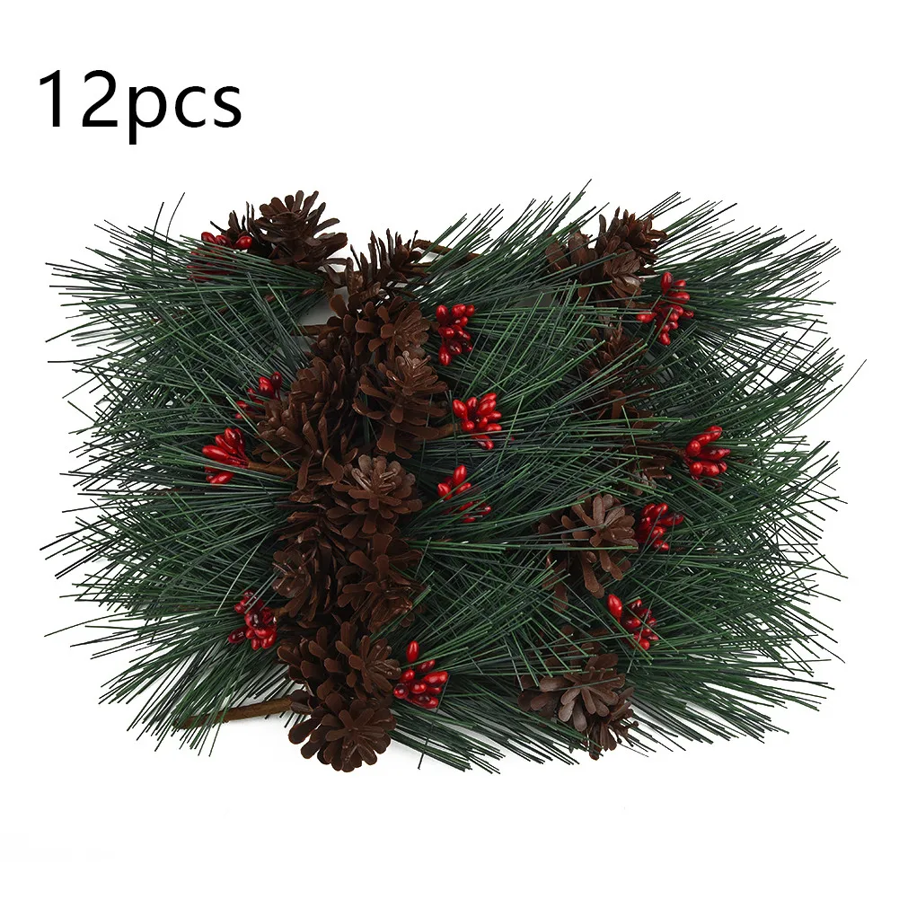 

12pcs Christmas Pine Cone Branches Artificial Flower Christmas Green Red Berry Pine Cone Holly Branch Home Decor
