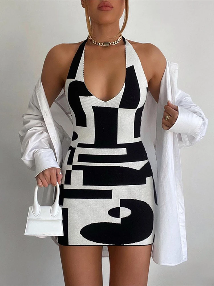 

Tinastyle 2021 Halter Knitted Autumn Dress Women Bodycon Sexy Sleeveless Black Backless Y2K Dresses Party Beach Streetwear