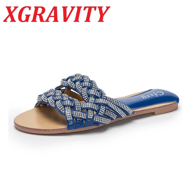 

Brand Design Women Slippers Fashion Rhinestone Sandals Shoes Round Toe Slip On Mules Flat Heel Casual Slides Flip Flops Shoes