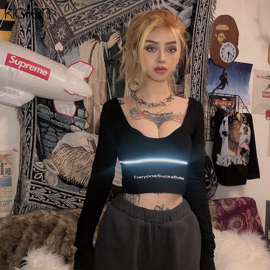 KLALIEN весенний однотонный трикотажный лоскутный светоотражающий кроп-Топ с