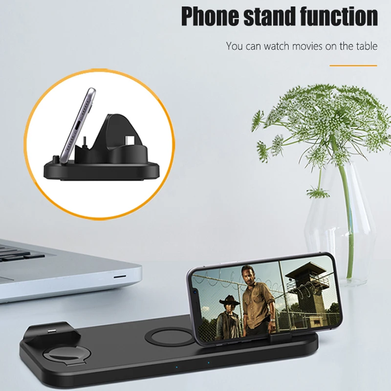 6 in 1 wireless charger stand mobile phone quick charge dock micro usb type c for iphone iwatch 5 4 3 airpods wireless charging free global shipping