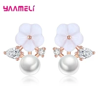 fine 925 silver stud earrings decoration for woman girl aaa grade cubic zircon round pearl handemade flower jewelry