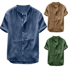 Рубашка мужская повседневная из льна и хлопка, свободная рубашка с коротким рукавом и пуговицами, однотонная, удобная для отдыха и пляжа, для лета